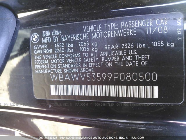 WBAWV53599P080500 - 2009 BMW 328 XI SULEV BLACK photo 9