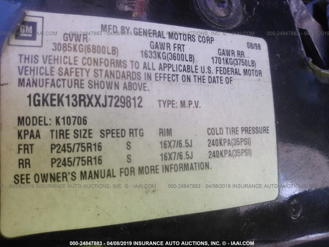 1GKEK13RXXJ729812 - 1999 GMC YUKON BLACK photo 9