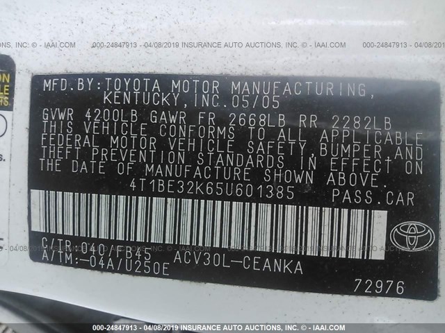 4T1BE32K65U601385 - 2005 TOYOTA CAMRY LE/XLE/SE WHITE photo 9