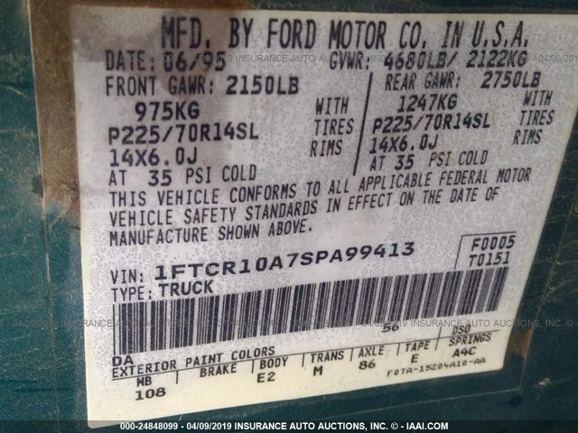 1FTCR10A7SPA99413 - 1995 FORD RANGER GREEN photo 9