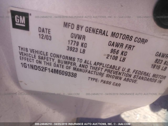 1G1ND52F14M609338 - 2004 CHEVROLET CLASSIC SILVER photo 9