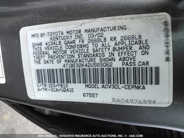 4T1BE32K42U565062 - 2002 TOYOTA CAMRY LE/XLE/SE GRAY photo 9