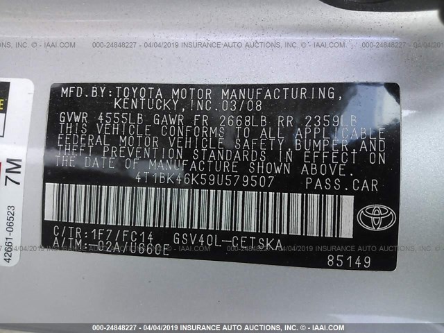 4T1BK46K59U579507 - 2009 TOYOTA CAMRY SE/LE/XLE SILVER photo 9