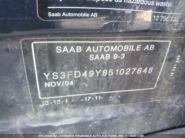 YS3FD49Y851027648 - 2005 SAAB 9-3 ARC Dark Blue photo 9