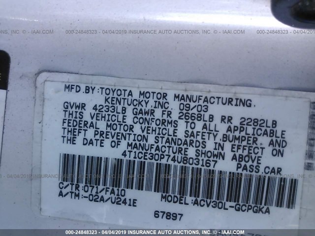 4T1CE30P74U803167 - 2004 TOYOTA CAMRY SOLARA SE/SLE WHITE photo 9