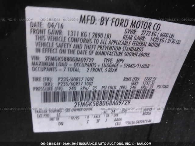 2FMGK5B80GBA09729 - 2016 FORD FLEX SE BLUE photo 9