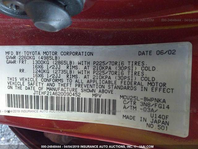 JTEHF21A620090452 - 2002 TOYOTA HIGHLANDER LIMITED RED photo 9