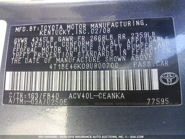 4T1BE46K09U800700 - 2009 TOYOTA CAMRY SE/LE/XLE GRAY photo 9