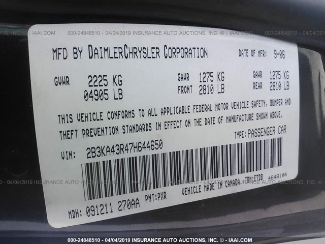 2B3KA43R47H644650 - 2007 DODGE CHARGER SE/SXT BLACK photo 9