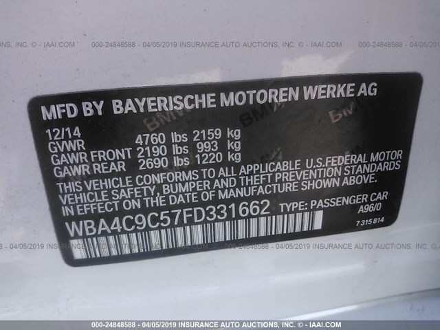 WBA4C9C57FD331662 - 2015 BMW 428 XI/GRAN COUPE/SULEV Weiß Foto 9