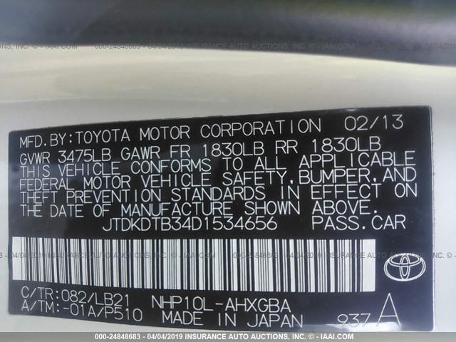 JTDKDTB34D1534656 - 2013 TOYOTA PRIUS C WHITE photo 9