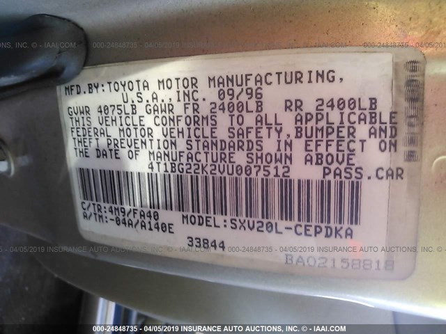 4T1BG22K2VU007512 - 1997 TOYOTA CAMRY CE/LE/XLE GOLD photo 9