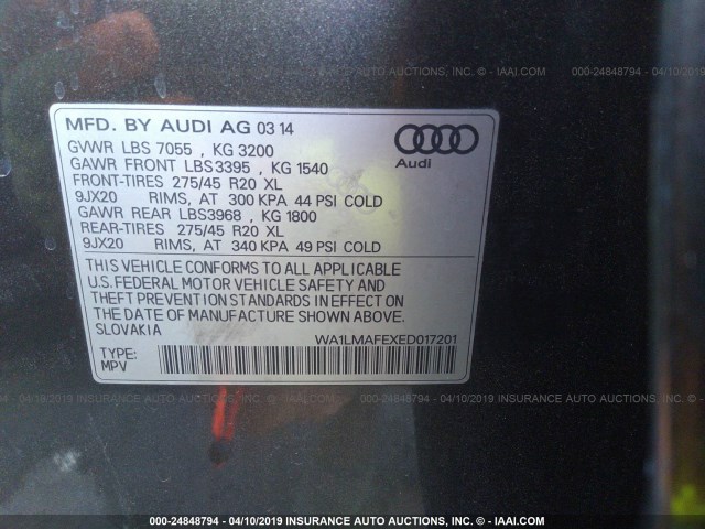 WA1LMAFEXED017201 - 2014 AUDI Q7 PREMIUM PLUS GRAY photo 9