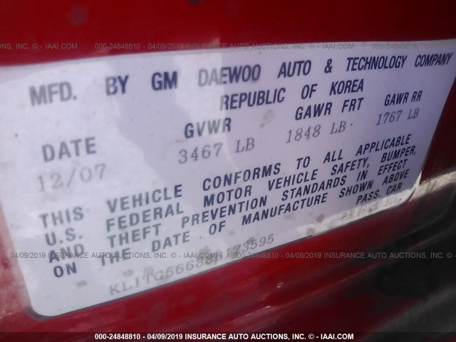 KL1TG56688B173595 - 2008 CHEVROLET AVEO LT RED photo 9