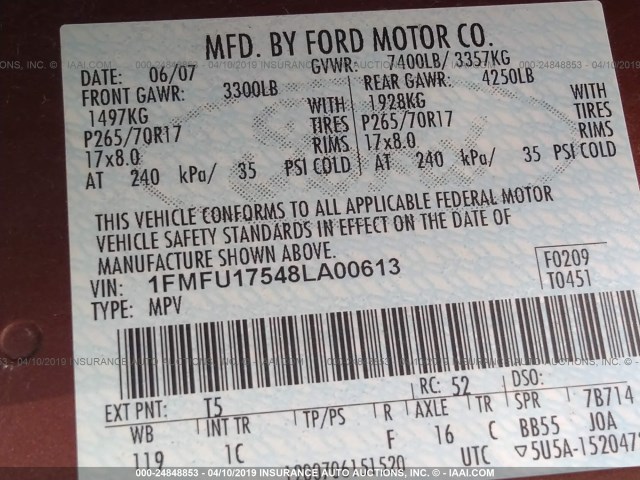 1FMFU17548LA00613 - 2008 FORD EXPEDITION EDDIE BAUER BROWN photo 9