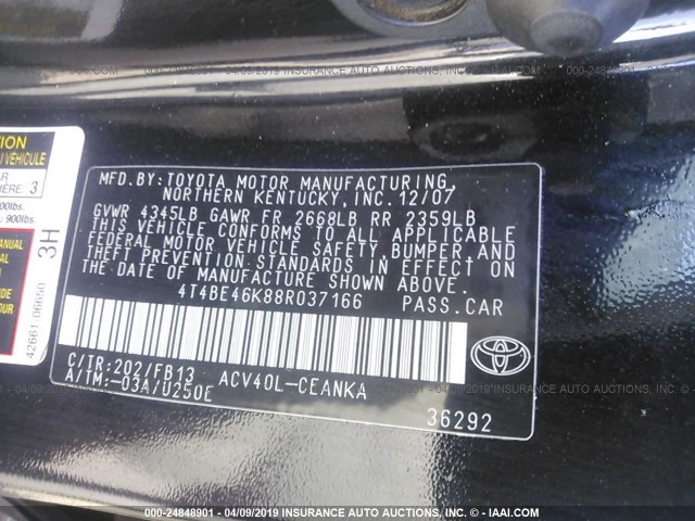 4T4BE46K88R037166 - 2008 TOYOTA CAMRY CE/LE/XLE/SE BLACK photo 9