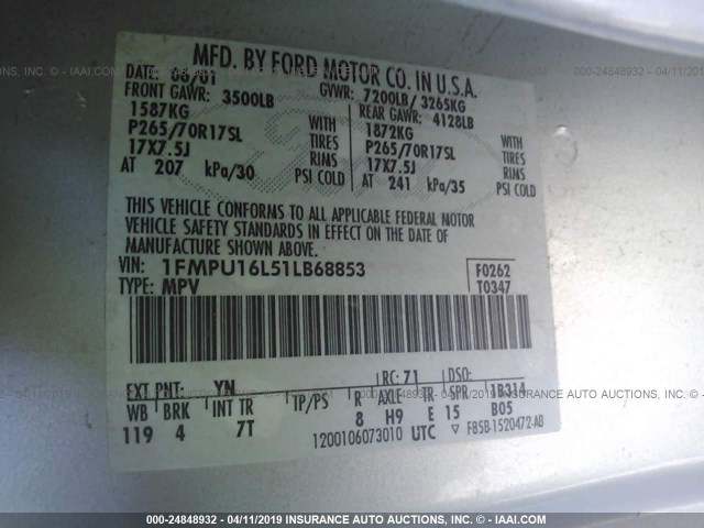 1FMPU16L51LB68853 - 2001 FORD EXPEDITION XLT SILVER photo 9