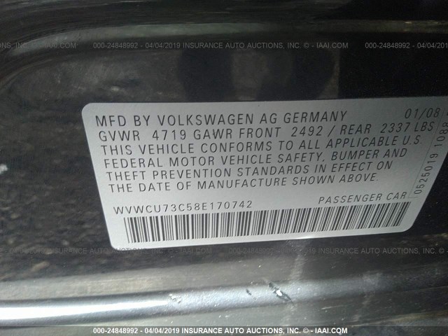 WVWCU73C58E170742 - 2008 VOLKSWAGEN PASSAT VR6 BLACK photo 9