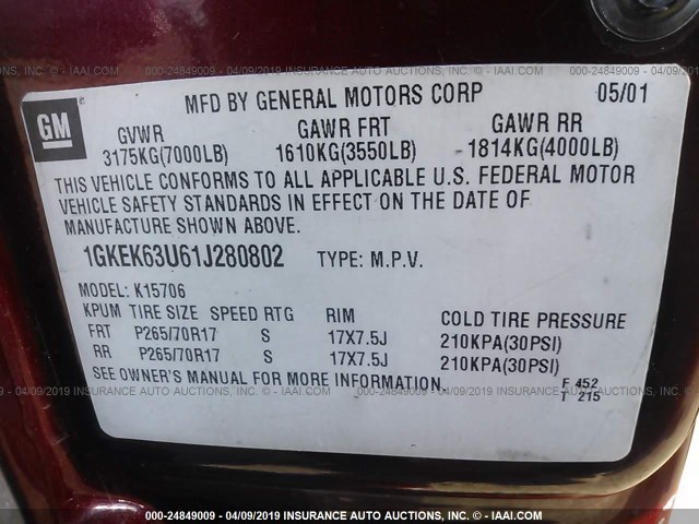 1GKEK63U61J280802 - 2001 GMC DENALI BURGUNDY photo 9