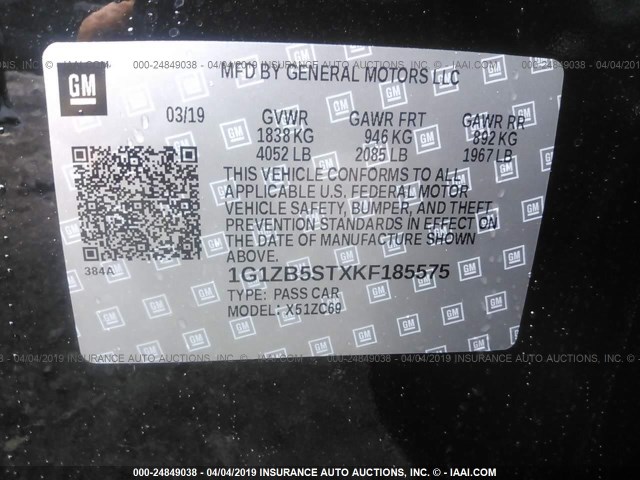 1G1ZB5STXKF185575 - 2019 CHEVROLET MALIBU LS BLACK photo 9