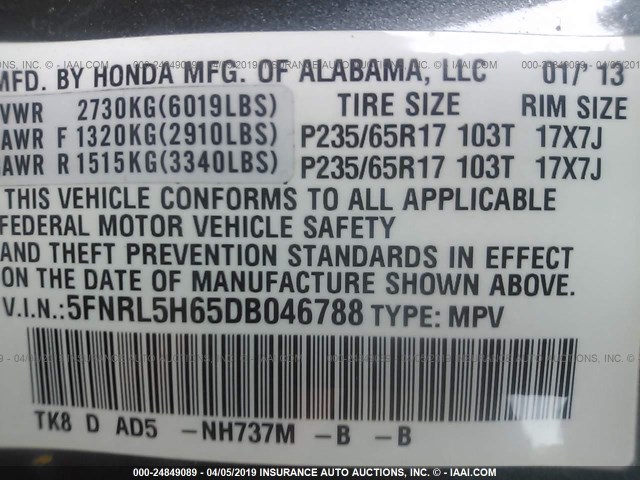 5FNRL5H65DB046788 - 2013 HONDA ODYSSEY EXL GRAY photo 9