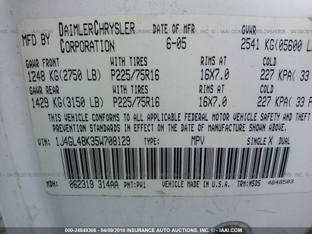 1J4GL48K35W708129 - 2005 JEEP LIBERTY SPORT თეთრი ფოტო 9