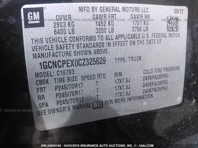 1GCNCPEX0CZ325629 - 2012 CHEVROLET SILVERADO C1500 BLACK photo 9