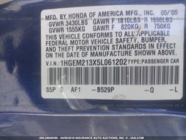 1HGEM213X5L061202 - 2005 HONDA CIVIC DX VP BLUE photo 9