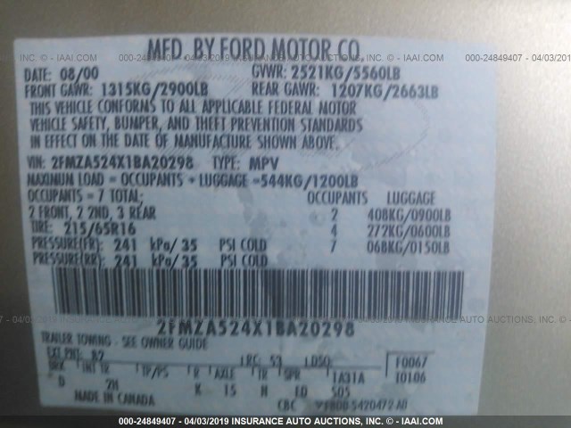 2FMZA524X1BA20298 - 2001 FORD WINDSTAR SE GOLD photo 9