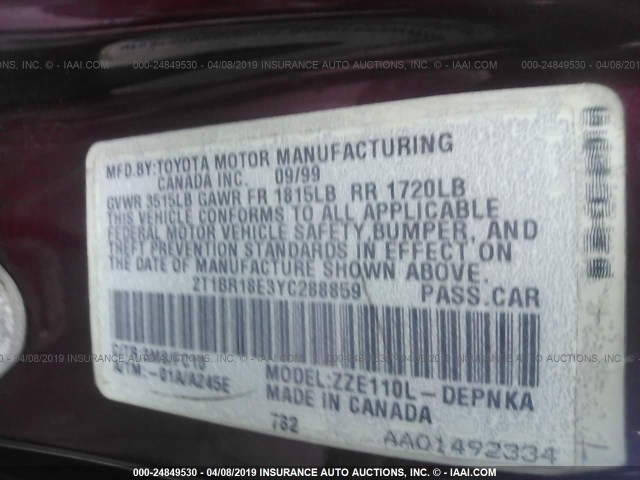 2T1BR18E3YC288859 - 2000 TOYOTA COROLLA VE/CE/LE RED photo 9