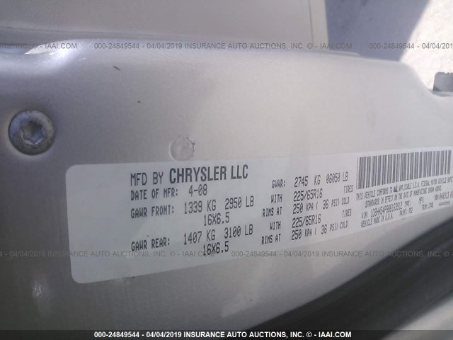 1D8HN54P88B163912 - 2008 DODGE GRAND CARAVAN SXT SILVER photo 9