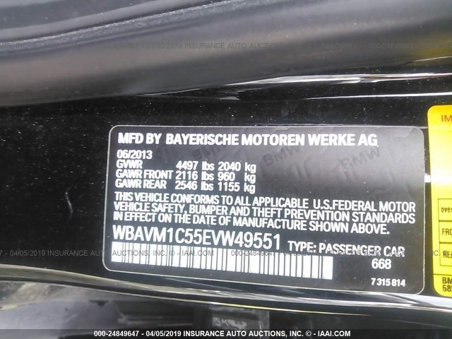 WBAVM1C55EVW49551 - 2014 BMW X1 SDRIVE28I BLACK photo 9