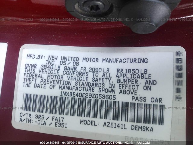 1NXBE40E29Z053605 - 2009 TOYOTA COROLLA XRS RED photo 9