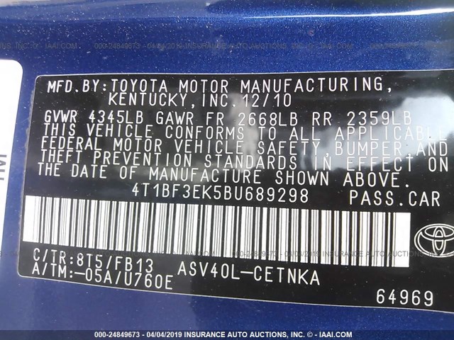 4T1BF3EK5BU689298 - 2011 TOYOTA CAMRY SE/LE/XLE BLUE photo 9