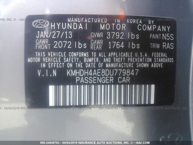 KMHDH4AE8DU779847 - 2013 HYUNDAI ELANTRA GLS/LIMITED SILVER photo 9