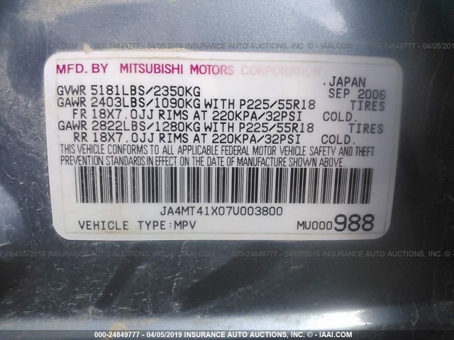 JA4MT41X07U003800 - 2007 MITSUBISHI OUTLANDER XLS GREEN photo 9