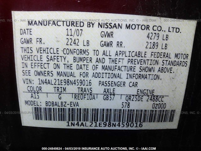 1N4AL21E98N459016 - 2008 NISSAN ALTIMA 2.5/2.5S RED photo 9