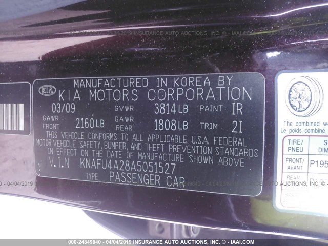 KNAFU4A28A5051527 - 2010 KIA FORTE EX PURPLE photo 9