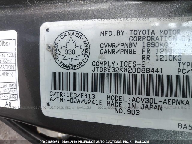 JTDBE32KX20088441 - 2002 TOYOTA CAMRY LE/XLE/SE GRAY photo 9