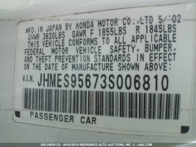 JHMES95673S006810 - 2003 HONDA CIVIC HYBRID WHITE photo 9