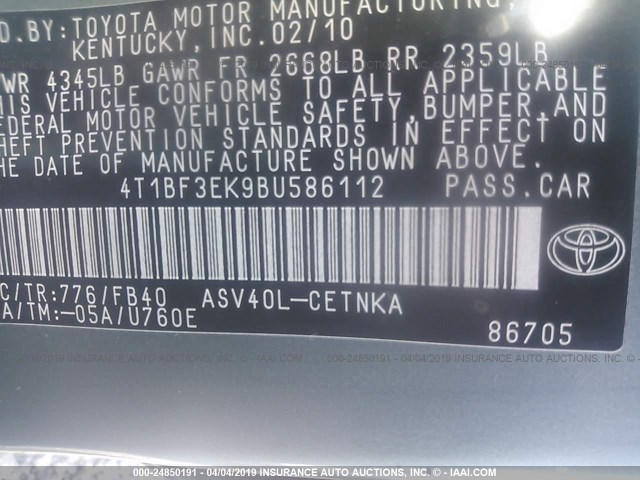 4T1BF3EK9BU586112 - 2011 TOYOTA CAMRY SE/LE/XLE GREEN photo 9