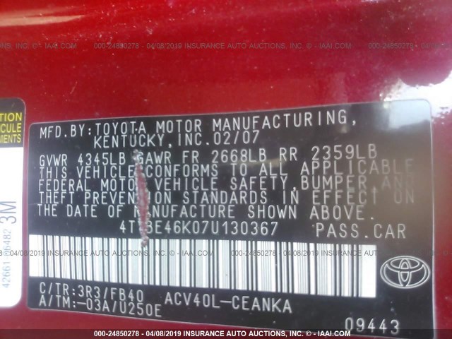 4T1BE46K07U130367 - 2007 TOYOTA CAMRY NEW GENERAT CE/LE/XLE/SE RED photo 9