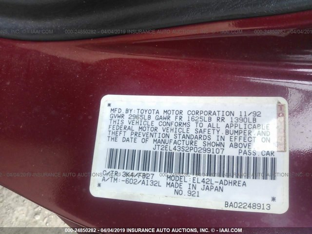 JT2EL43S2P0299107 - 1993 TOYOTA TERCEL DX RED photo 9