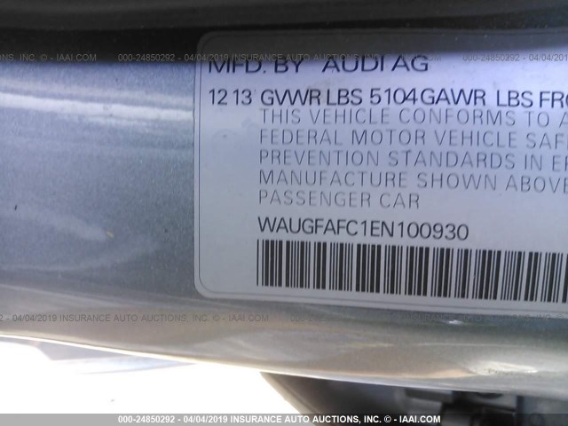 WAUGFAFC1EN100930 - 2014 AUDI A6 PREMIUM PLUS GRAY photo 9