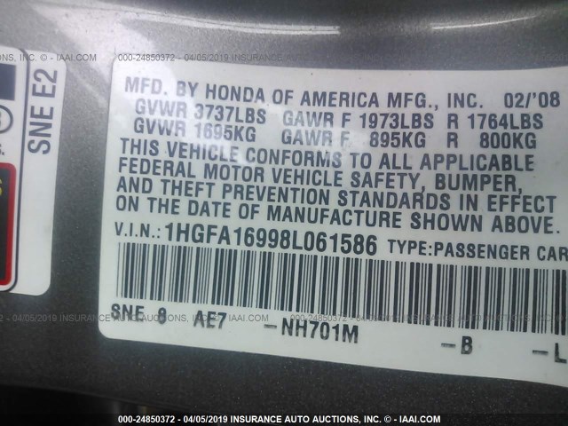 1HGFA16998L061586 - 2008 HONDA CIVIC EXL GRAY photo 9