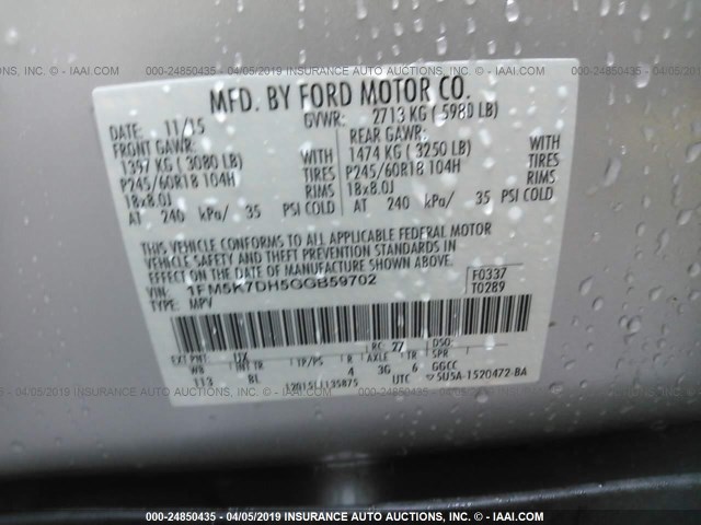 1FM5K7DH5GGB59702 - 2016 FORD EXPLORER XLT SILVER photo 9