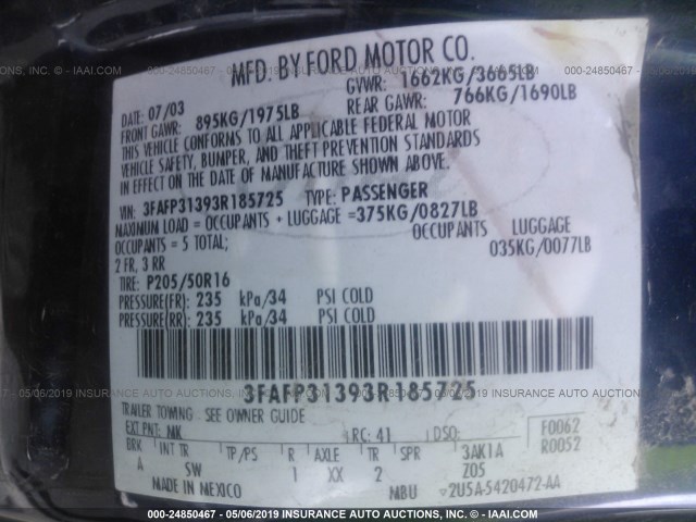 3FAFP31393R185725 - 2003 FORD FOCUS ZX3 BLUE photo 9