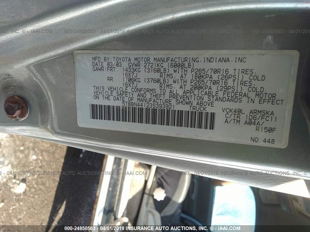 5TBBN44123S393921 - 2003 TOYOTA TUNDRA ACCESS CAB SR5 SILVER photo 9