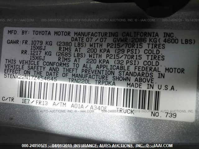 5TENX22N17Z454645 - 2007 TOYOTA TACOMA GRAY photo 9