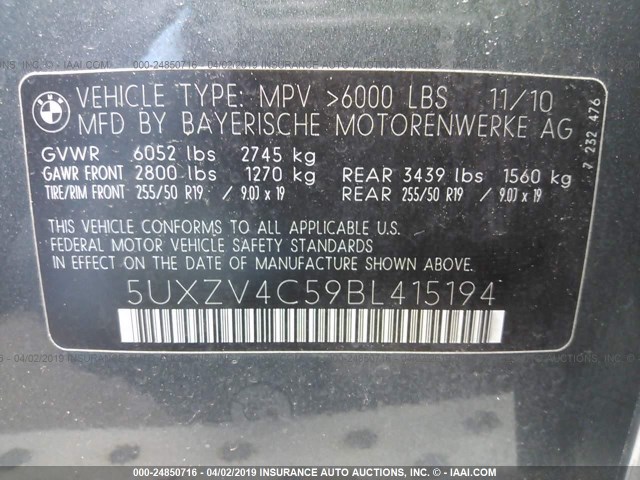 5UXZV4C59BL415194 - 2011 BMW X5 XDRIVE35I Gri fotoğraf 9